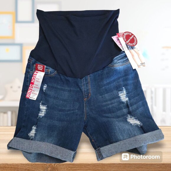 NWT S.O.N.G. Denim Maternity Shorts L Curvy Super Stretch Full Panel 5" Length - Picture 1 of 5